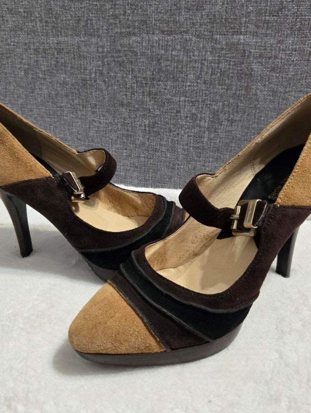 Michael Kors Two-Tone Suede Mary Jane Heels in Brown Tan & Black